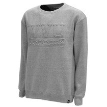 Heather grey WVU crew sweatshirt with embossed WVU over Mountaineers as chest graphic